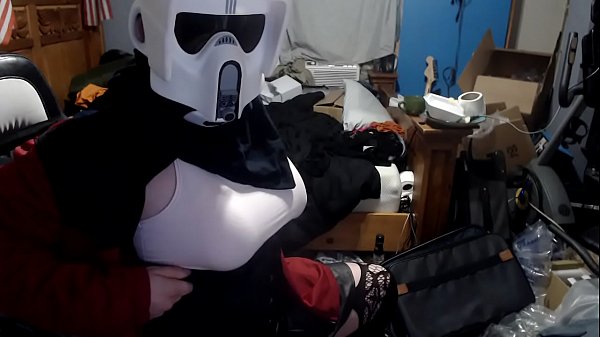 Crossdresser storm trooper mask spread eagle pumping cock